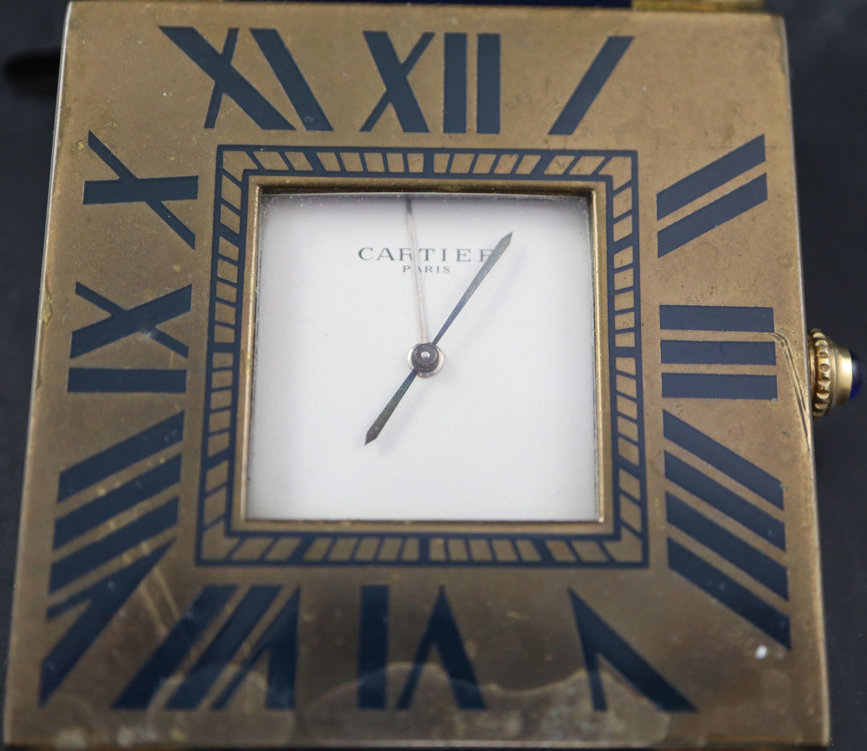 A late 20th century Cartier of Paris blue enamel and gilt brass quartz travelling timepiece, width 5cm height 6.25cm